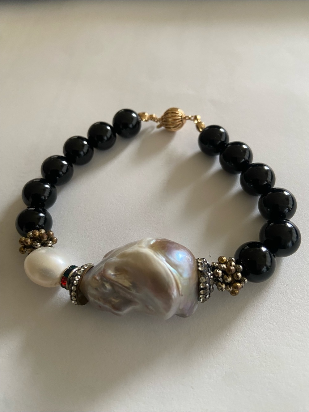Black Onyx Bead Bracelet 8”with Baroque Pearl 1,2” with Gold 585 Ball closure